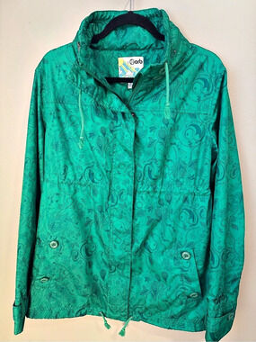 ORB Women's Green Paisley Print Hooded Lightweight Rain Jacket LARGE L